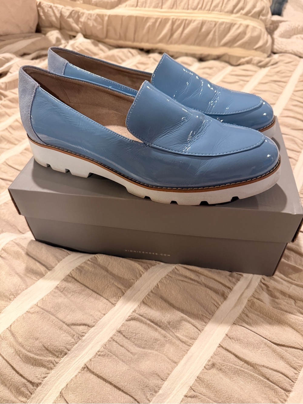 Women’s Light Blue Patent Leather Slip-On Loafers, size 11W - Picture 2 of 4